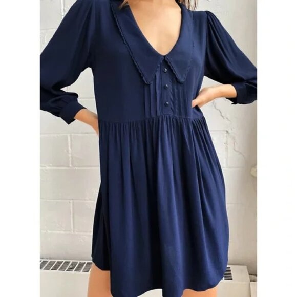 Aritzia Sunday Best Loretta Babydoll Dress Long Sleeve Classic Navy Size XS - Picture 1 of 7